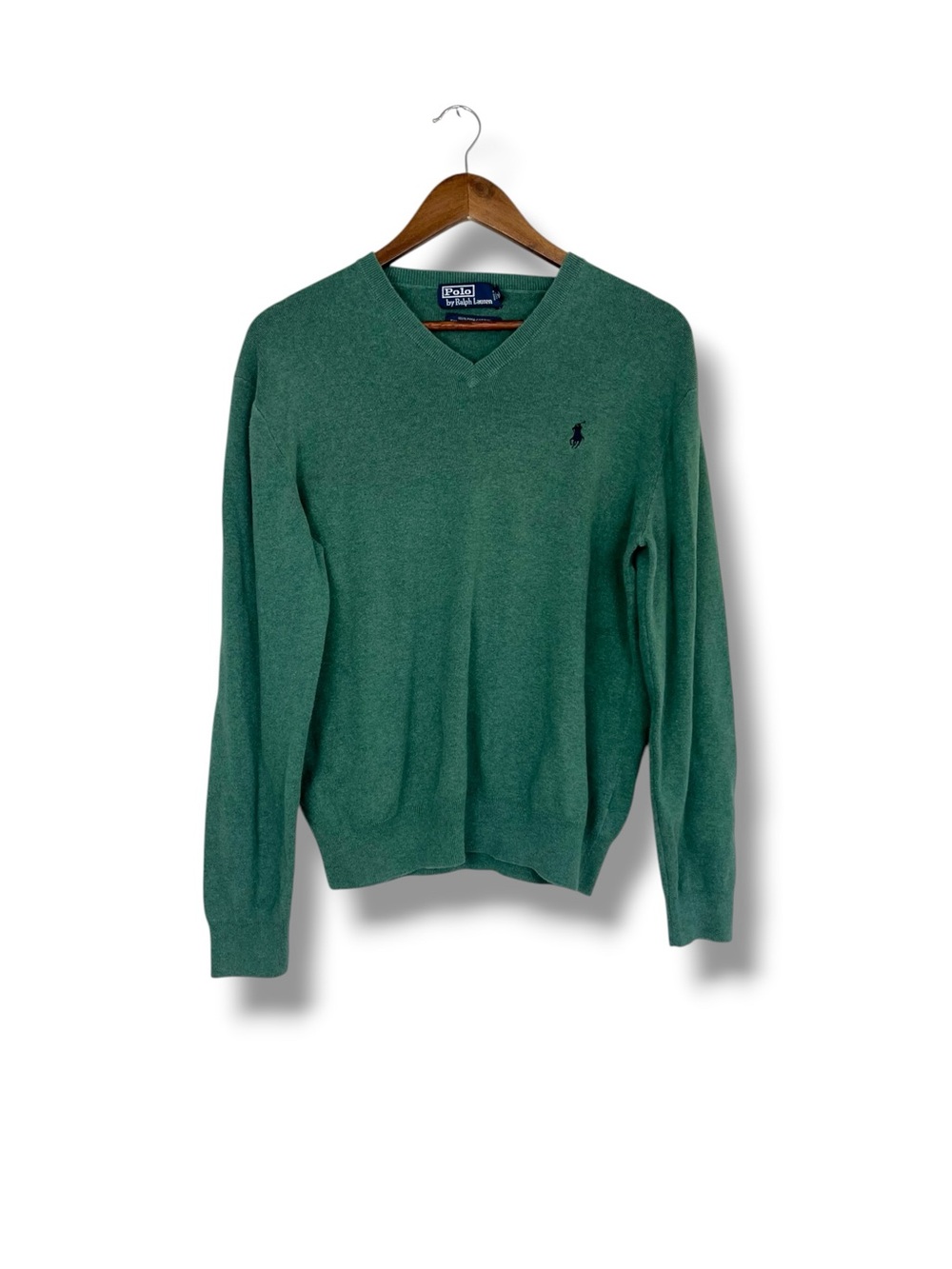 Polo Ralph Lauren Sweater Mens Medium Green V-Neck Pima Cotton Pony Logo Preppy